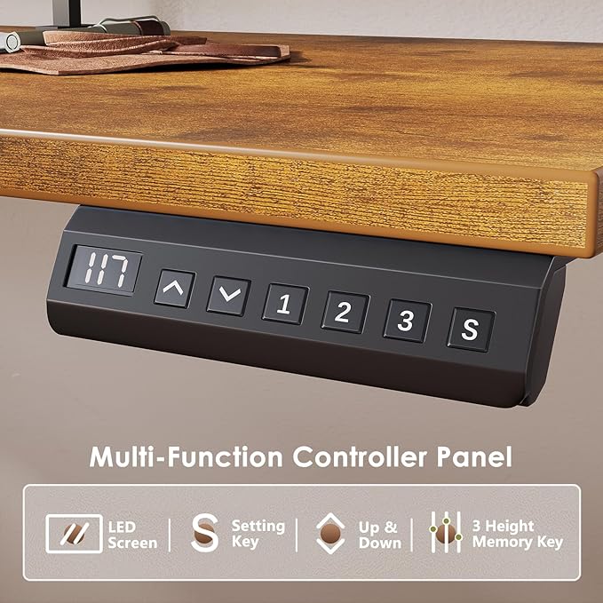 OffiGo 63 Inch Electric L Shaped Standing Desk with Keyboard Tray, Reversible Height Adjustable Corner Computer Desk with Monitor Stand, Sit Stand Up Lift Table for Home, Office, Rustic Brown