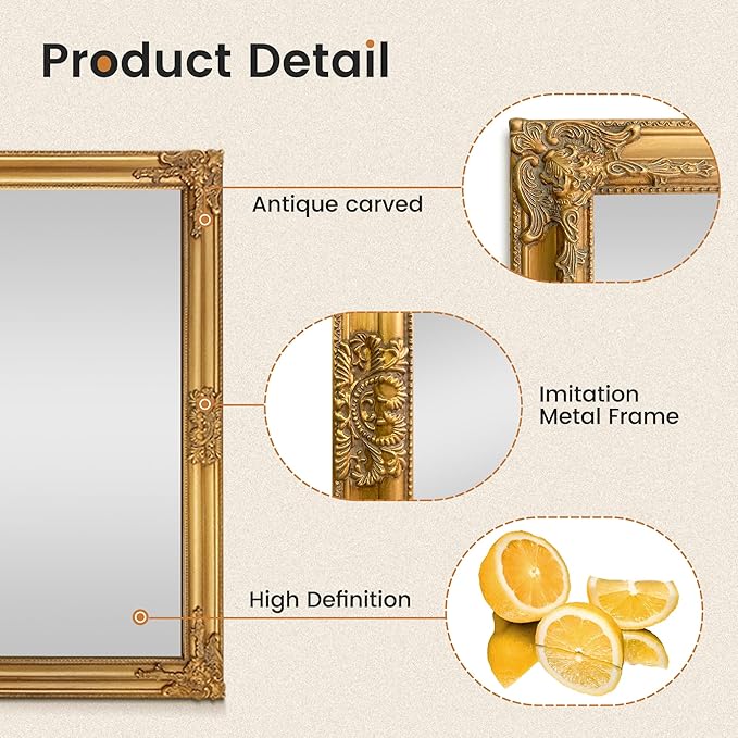 24"x36" Vintage Gold Baroque Wall Mirror, Ornate Antique Style Decorative Mirror for Entryway, Living Room, Fireplace Mantel, Hallway