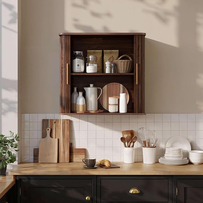 FIMELLO 29.5" W Bathroom Wall Cabinet, Laundry Room Cabinets Wall Mounted with Sliding Tambour Door, Kitchen Wall Cabinet, Floating Cabinet for Wall, Upper Cabinets, Brown Walnut