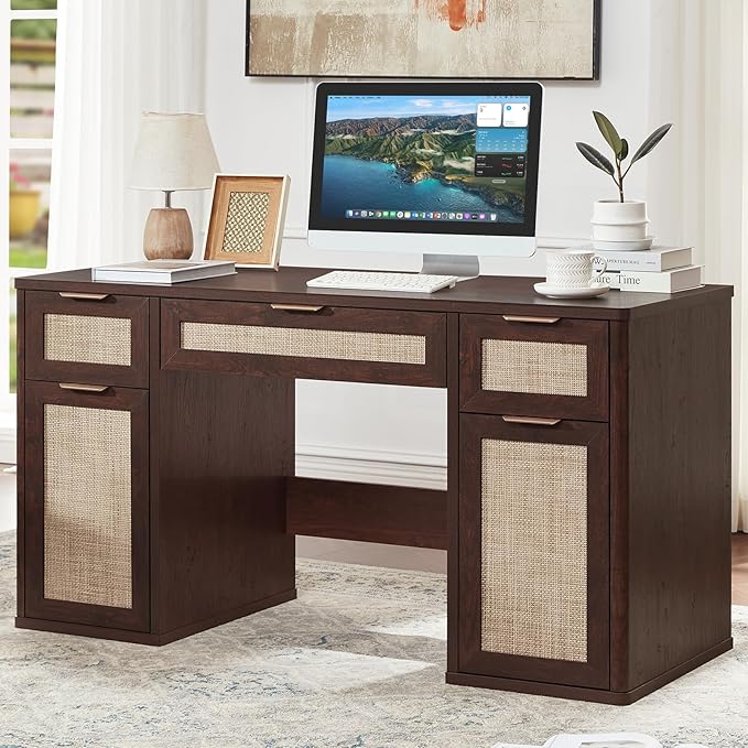 LEYAOYAO Office Desk 56" with 5 Drawers Storage File Cabinet Rattan Wood Desk for Computer Office Bedroom Home Furniture Dark Walnut