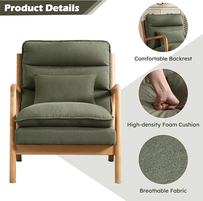 Mid Century Modern Accent Chair, Upholstered Lounge Armchair with Plump Back Pillow, Comfy Reading Chair with Solid Wood Frame for Bedroom Living Room, Green