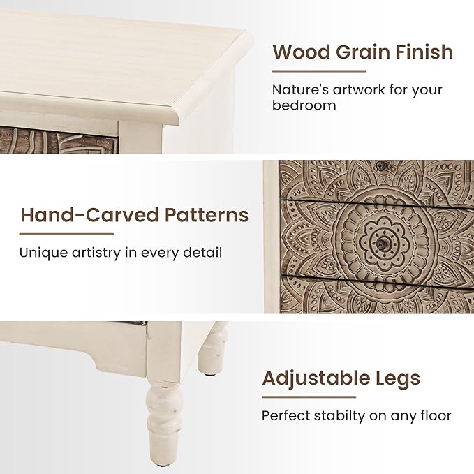 HOMPUS White 3 Drawer Dresser, Farmhouse Nightstand with 3 Drawers, Wood Night Stand with Lotus Carved Pattern, Vintage Nightstand with Storage, Small Chest of Drawers for Bedroom, Living Room, White