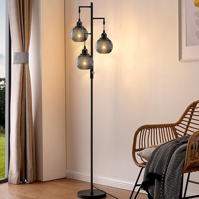 QiMH Modern Floor Lamps for Living Room, Standing Lamp with 3 Lights, 68" Tall Lamp for Bedroom, Grey Vintage Glass Lamp with Stepless Dimmable for Home Decor, 3 LED Bulb Included, Black