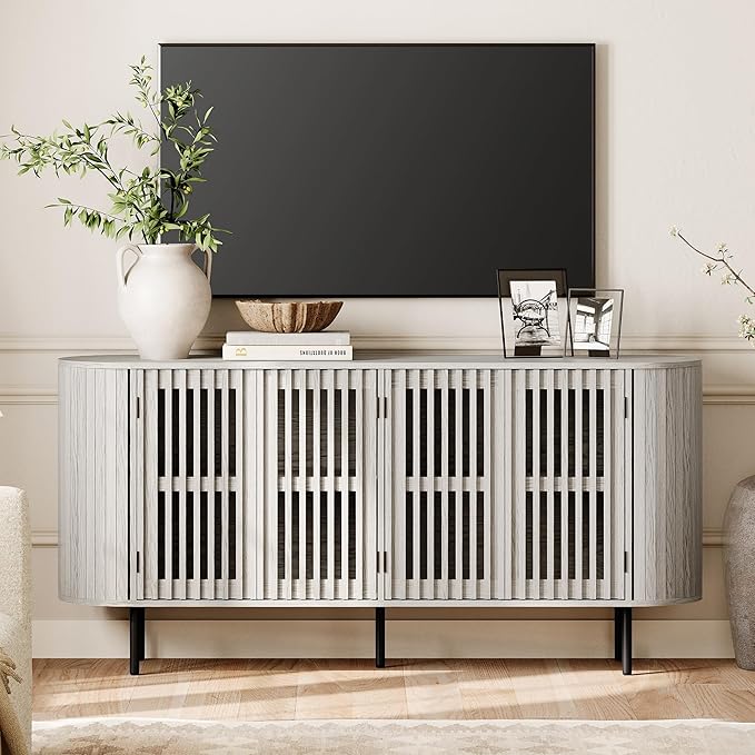 WAMPAT 66" Fluted Sideboard Buffet Cabinet, Wood Storage Cabinet with 4 Doors, Mid Century Modern Credenza for Dining Room, Living Room, Kitchen, White Washed