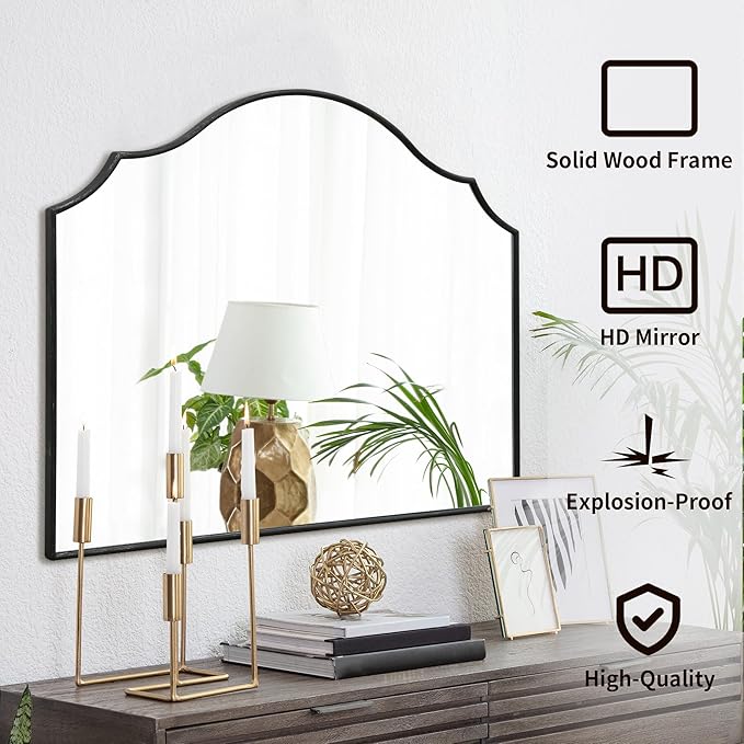 Besdomus Scalloped Arched Mirror for Mantel: 35"x26" Black Modern Wooden Wall Mirror - Minimalist Decorative Dresser for Vanity/Bathroom/Bedroom/Fireplace/Living Room/Entryway - Stylish Home Decor