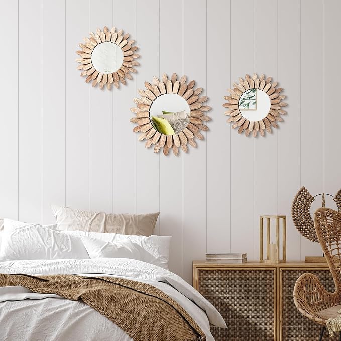 Fourluoo 3 Pack Gold Sunburst Mirrors for Wall Decor Circle Flowers Mirrors Decorative Gold Hanging Wall Art Flowers Mirror for Home Living Dinning Room Bedroom Bathroom Boho Decoration Art (Flower)