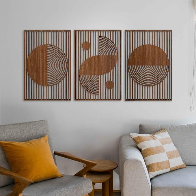 Abstract Boho Wood Wall Art, Bauhaus Inspired Geometric Design, Mid Century Modern Wall Decor, 3 Panel Wooden Set, Statement Home Gift for Living Room and Bedroom