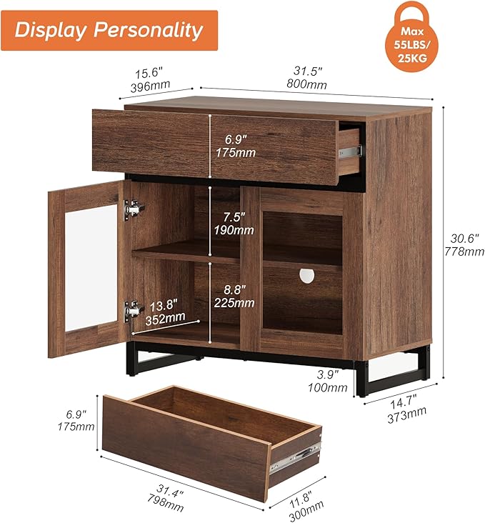 WAMPAT Sideboard Buffet Cabinets with Glass Doors and Drawer, Modern Sideboard Credenza with Adjustable Shelf, Coffee Bar Storage Cabinet for Living Room, Kitchen, Brown