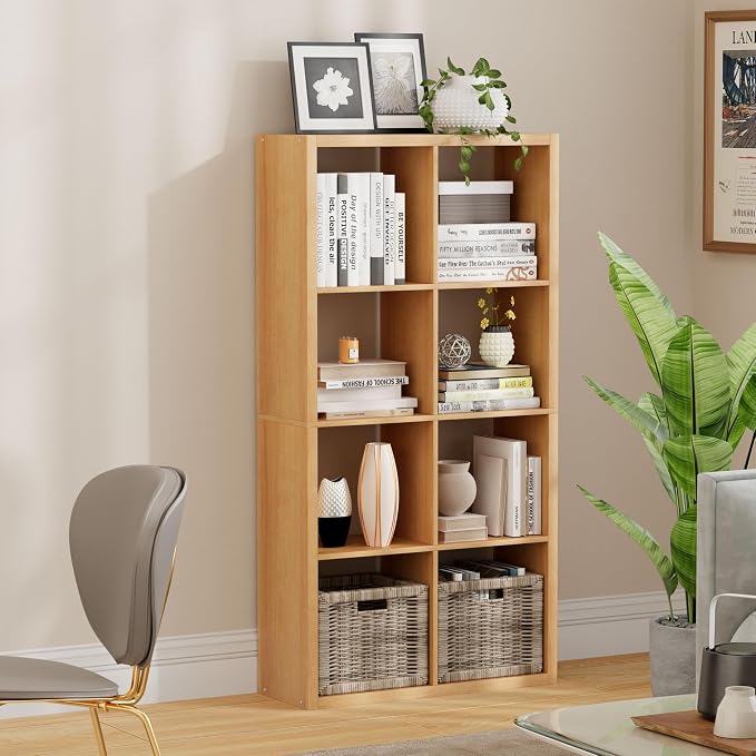 8 Cube Storage Organizer, Cube Shelf with Heavy-Duty Thick Boards, 25.12" L x 9.37" W x 48.74" H, Smooth Easy-Clean Panels, Simple Assembly, for Living Room Bedroom Office, Natural-Oak