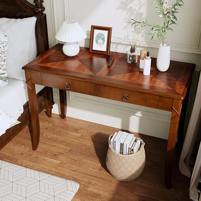 Solid Wood Writing Desk, Home Office Desks with 2 Storage Drawers, 46" Mid-Century Modern Walnut Tables, Computer Desk for Home Office, Easy Assembly Vanity Desk, Study Table Station BSZDR200