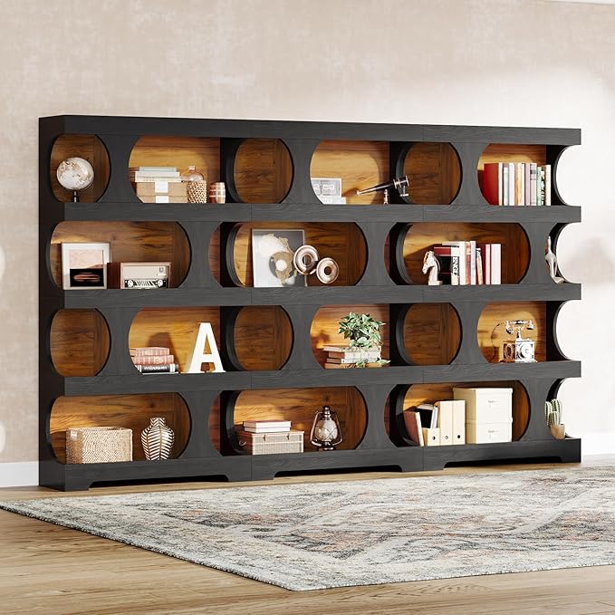Tribesigns 71" Tall Bookcase Set of 2, 4-Tier S-Shaped Bookshelf, Wood Decorative Storage Shelving, Modern Freestanding Display Shelves, Large Library Bookshelf Unit for Home Office, Black & Brown