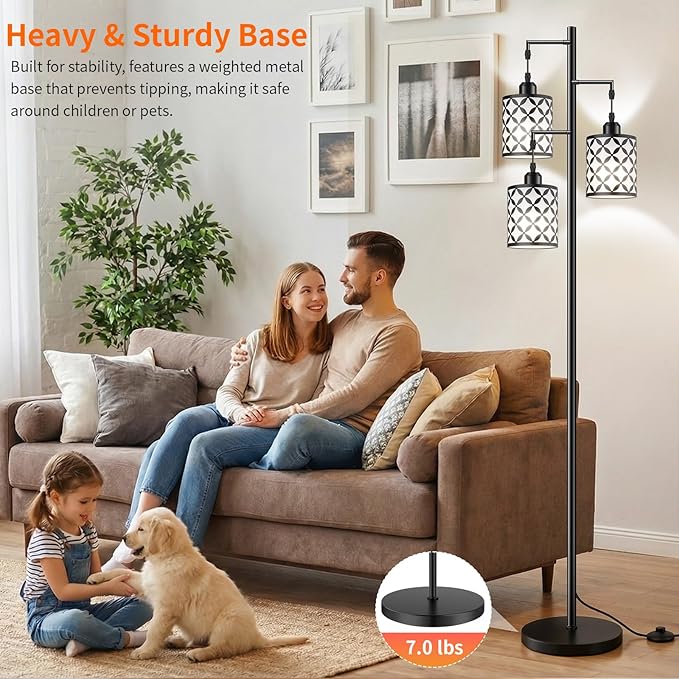 Dimmable Floor Lamp, Farmhouse Standing Lamp with Elegant Metal Cage, Industrial Tall Tree Floor Lamps for Living Room, Bedroom, Study Room, Office, 3 x 1100LM LED Bulbs Included, 72",Black