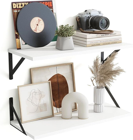 Floating Shelves for Wall Decor,24" Wx8 D Wall Mount Floating Bookshelf Set of 2,Hanging Storage Shelf with Sturdy Metal Brackets,Wooden Shelf for Living Room,Bedroom,Bathroom,White