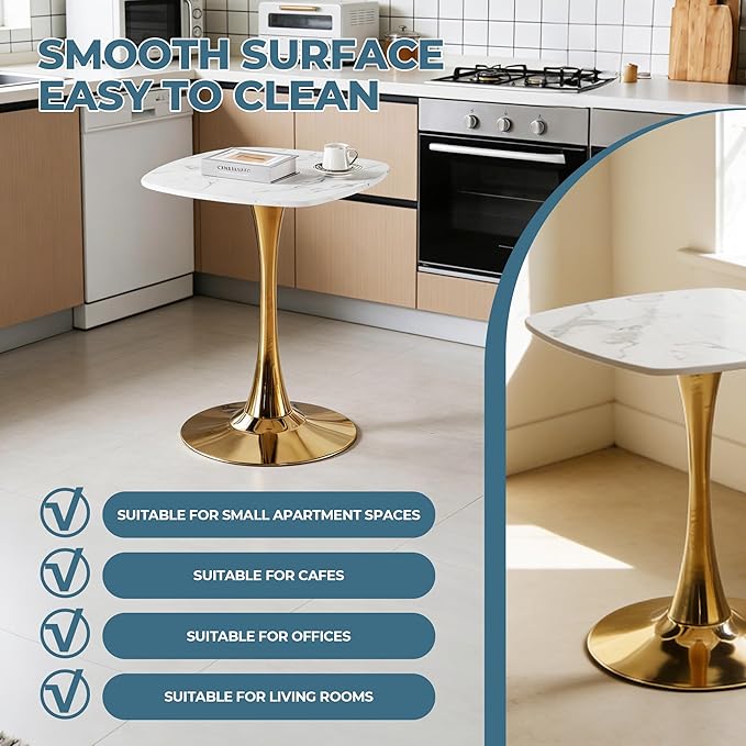 24" Square Tulip Dining Table, White & Gold Modern Pedestal Table for 2-4, Luxury Small Dining Table for Kitchen, Apartment, Bistro, Cafe, Mid Century Modern Design