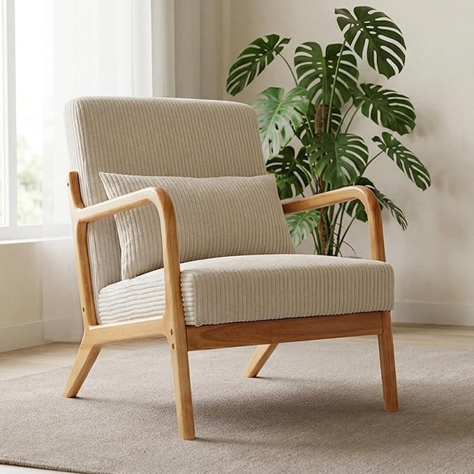 HjaustevyAccent Chairs, Mid Century Modern Chair with Pillow, Arm Chair with Solid Wood, Reading Relaxing Leisure Chair for Living Room, Waiting Room, Beige