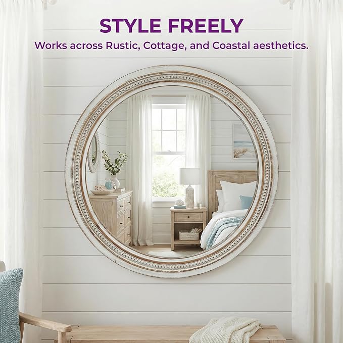 23.62'' Vintage Round Wall Mirror with Ornate Beaded Trim Frame & Pre-Installed Hanging, Decorative Mirror with Large Reflective Surface for Bathroom Bedroom Living Room, Natural