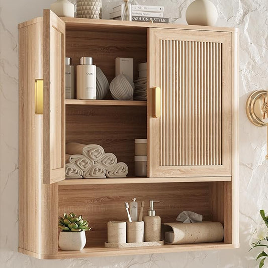 Bathroom Wall Storage Cabinet, Medicine Cabinet with Adjustable Wood Shelf & Doors, Over The Toilet Storage Cabinet for Laundry Room & Kitchen & Living Room (Natural Oak)