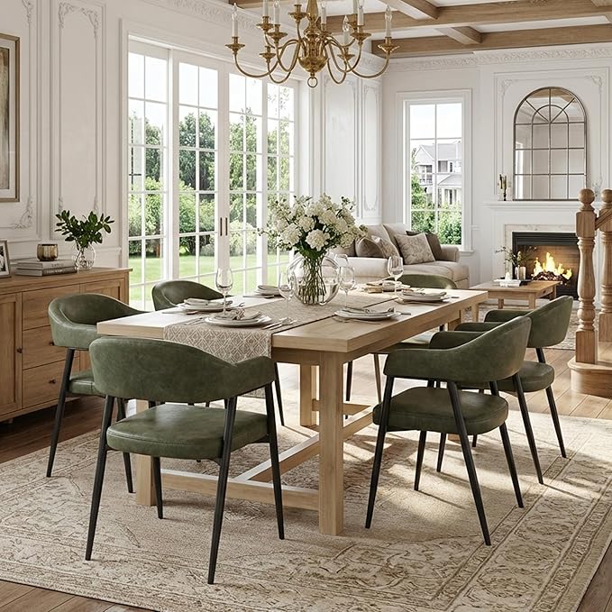 HNY Modern Dining Room Arm Chairs Set of 6, Green Retro Faux Leather Upholstered Barrel Dining Chairs with Arms Mid-Century Accent Chair with Metal Legs, Open-Back Kitchen Side Chairs for Living Room