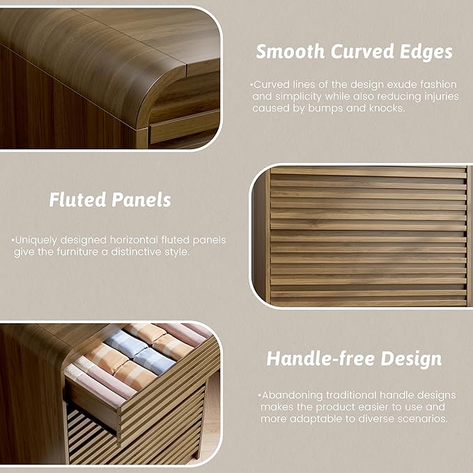 Fluted 5 Drawer Dresser for Bedroom, 45" Tall Wood Chests of Drawers with Curved Profile, Mid Century Modern Dresser with Large Storage & Hidden Handles for Living Room, Hallway, Walnut