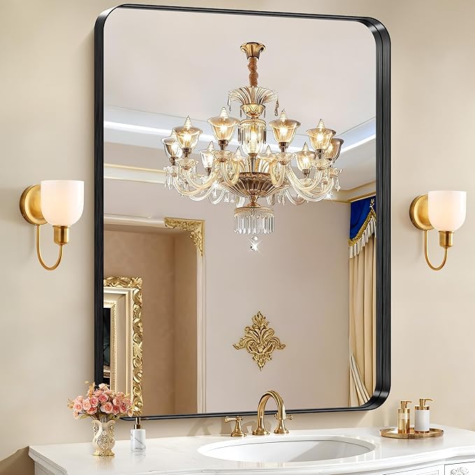 CIRCUMI Black Bathroom Mirror, 36"x48" Rectangular Mirror with Deep Metal Frame, Rounded Corner, Tempered Glass, Large Mirror for Wall, Over 2 Sinks, Installed Vertically/Horizontally, Crystal-Clear