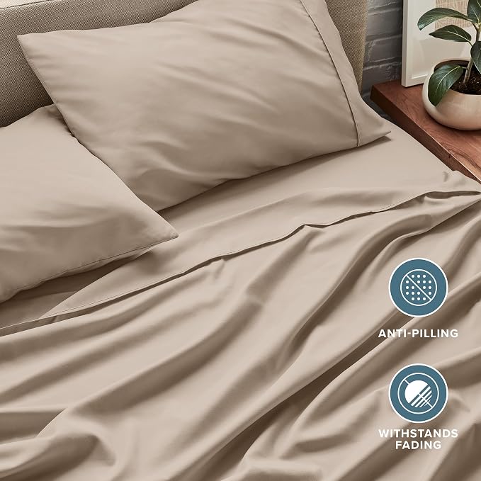 Bare Home Queen Sheet Set - 1800 Ultra-Soft Microfiber Queen Bed Sheets - Double Brushed - Deep Pockets - Easy Fit - 4 Piece Set - Bedding Sheets & Pillowcases (Queen, Pebble)
