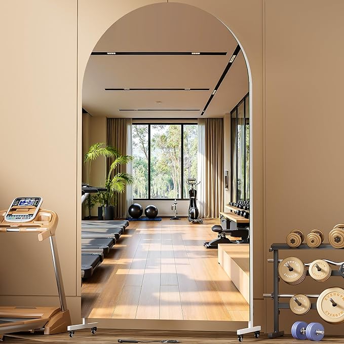 Hasipu 79" x 40" Arched Rolling Home Gym Mirror with Wheels, 360° Swivel Body Mirror with HD Tempered Glass, Large Floor Mirror for Yoga Room, Dance Studio, Bedroom & Home Gym
