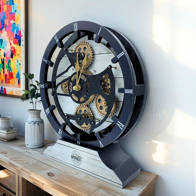 ImprovingLife The Gears Clock Desk Clock 10 inches with Real Moving Gears Convertible into Wall Clock (White Farmhouse)