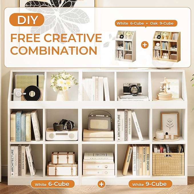 6-Cube Wooden Storage Bookcase - 11-Inch Open Shelf Cabinet, Simple Modern Bookshelf Organizer for Home Office, Living Room, White