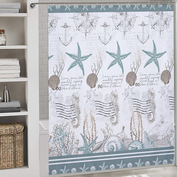 Green Nautical Shower Curtains,Summer Coral Starfish Seashell Ocean Beach Shower Curtains for Bathroom Waterproof Polyester Fabric Bathroom Curtain with Hooks,72x78Inch