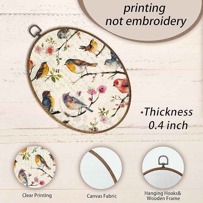 AEHIE Vintage Bird Oval Wall Art Decor, Rustic Floral Birds Canvas Artwork Framed, Cottagecore Country Bird Flower Oval Wall Art for Home Bedroom Living Room Decor, 11x8.5 Inches