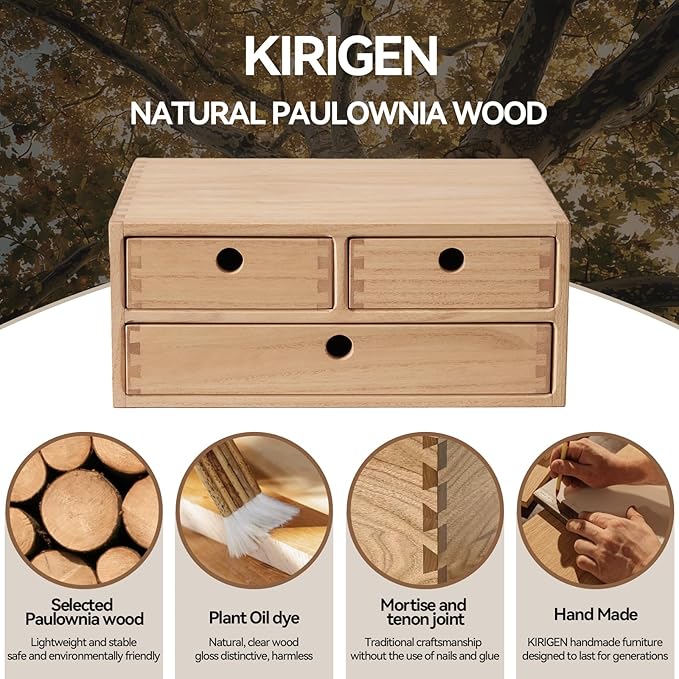 KIRIGEN Solid Wood Desktop Organizer with 3 Drawers - Multi-Layer Office Supplies Storage Rack for Documents, Stationery, Jewelry - Natural Wooden Desk Shelf Organizer Nature WJG23-NA
