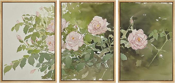 wall26 Framed Print Wall Art Set Blush Pink Rose Garden Botanical Decorative Minimal Relax/Zen for Living Room, Bedroom, Office - 24"x36"x3 Natural