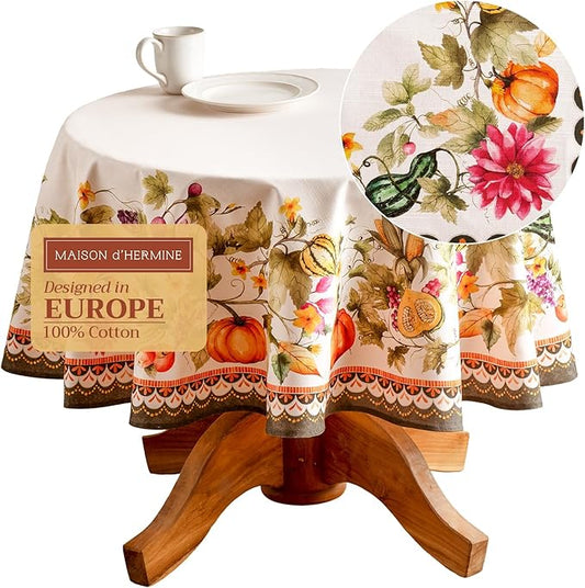 Maison d' Hermine Table Cloth Round Table 100% Cotton 69 Inches Fall Tablecloth Reusable Everyday Use for Thanksgiving Christmas Decorations Dining Farmhouse Party (Pumpkin Garden - Cloudy Cream)