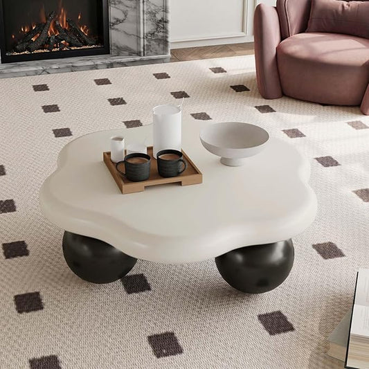 35" Modern Coffee Table Petal Shape Low Center Table Cute Irregular Indoor Tea Table with 3 Ball Legs for Living Room Apartment