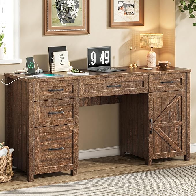 Vabches Farmhouse 61'' Executive Desk with 5 Drawers, Rustic Office Desk Computer Desk with Charging Station, File Drawers and Storage Cabinet, Wood Workstation for Study and Home Office, Red-Brown.