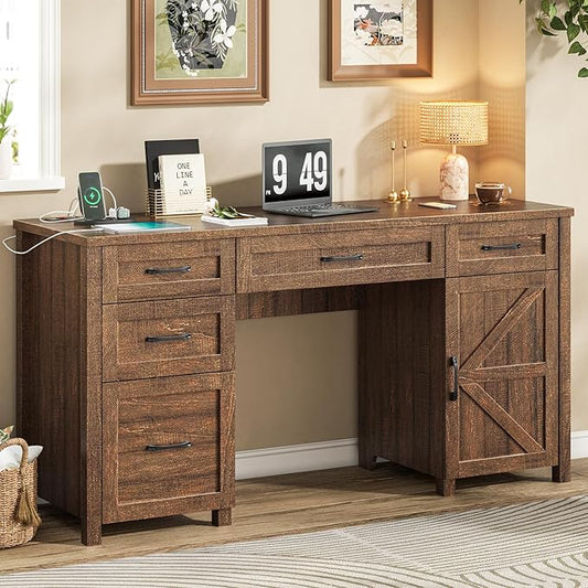 Vabches Farmhouse 61'' Executive Desk with 5 Drawers, Rustic Office Desk Computer Desk with Charging Station, File Drawers and Storage Cabinet, Wood Workstation for Study and Home Office, Red-Brown.