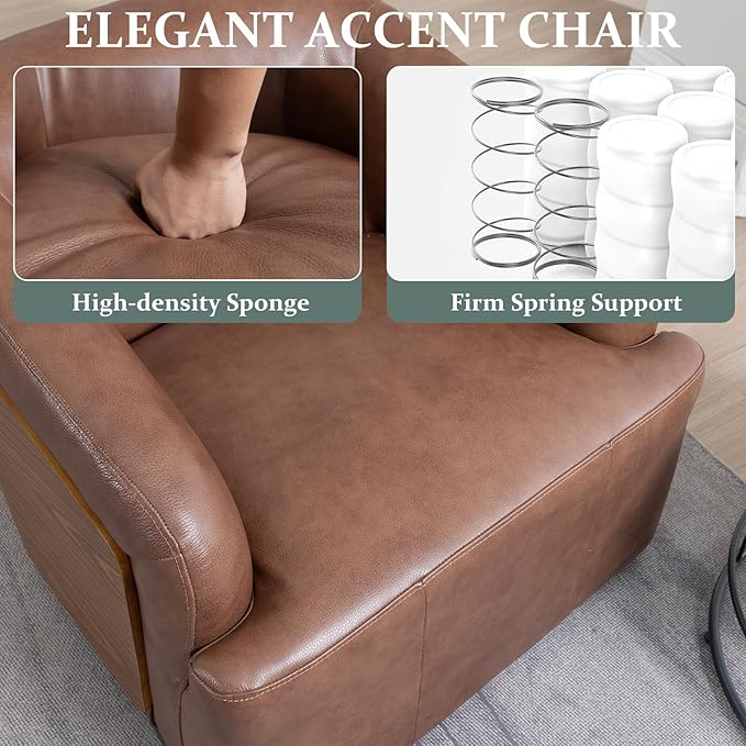 Genuine Leather Swivel Accent Chair Swivel Barrel Chair Comfortable Mid Century Modern Chair Upholstered Metal Base Armchair for Living Room Bedroom Office Large Vintage Brown