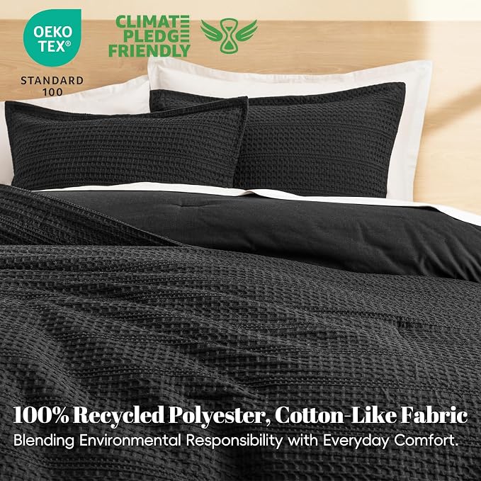 PHF Soft Waffle Comforter Set King Size- Comfy Breathable Waffle Weave Comforter with 2 Pillow Shams, 3 Pieces Less Snagging Lightweight Textured Bedding Set for All Season, Black
