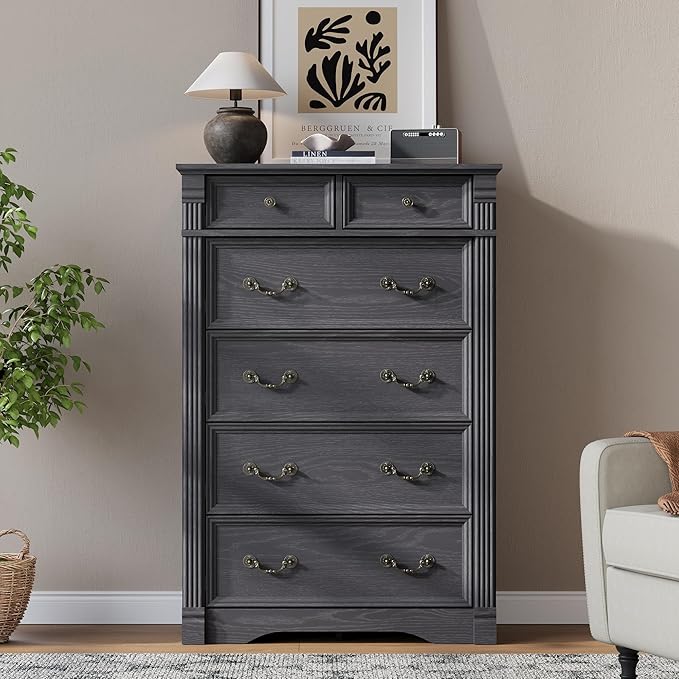 Grey 6 Drawer Dresser for Bedroom, 47" Tall Dresser, Wood Rustic Chest of Drawers with Chic Wood Pilasters, Dressers Organizer for Bedroom, Hallway, Living Room