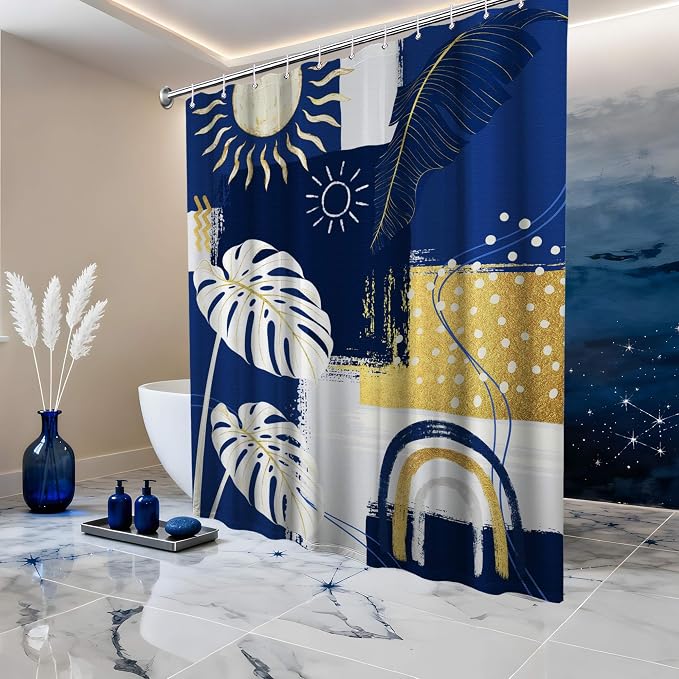 Small Stall Narrow Shower Curtain Blue and White Stand Up Abstract Navy Blue and Gold Boho Shower Curtains for Rv Camper Bathroom Decor Sets, Waterproof Cloth Fabric with Hooks, 36 x 72 Inch