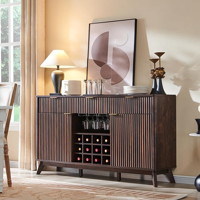 OKD 60" Fluted Wine Bar Cabinet, Modern Wood Coffee Bar Cabinet - 3 Storage Drawers, 2 Side Cabinets with Adjustable Shelf, Racks for Wine & Glass/Mug, Sideboard for Kitchen, Dining Room, Walnut