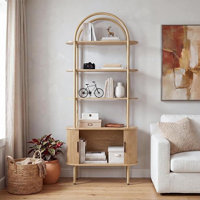 71" Tall Fluted Arched Bookshelf with Sliding Tambour Doors, Mid Century Modern Metal Curved Bookshelf Cabinet with Storage, 4-Tier Open Display Storage Shelf for Home Office, Living Room (Natural)