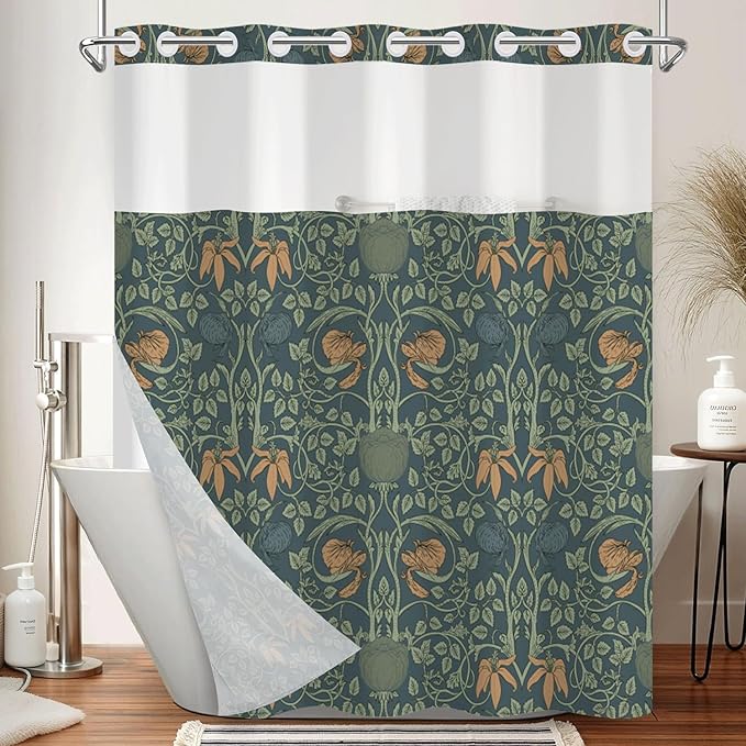 No Hook Shower Curtain with Snap in Liner - Vintage Dark Green Botanical Floral Print, Hookless Bath Curtain with Mesh Top for Dark Academia & Moody Victorian Bathroom Decor, 71W x 74H