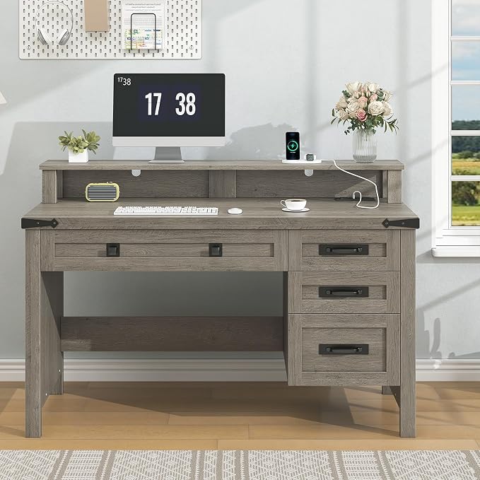 YOMILUVE Farmhouse Computer Desk with Drawers, 47" Small Computer Desk with Power Outlets, Home Office Desk with Monitor Stand & 4 Drawers, Writing Study Table, Grey