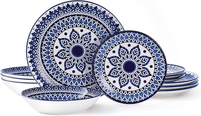 Bestone Ceramic 12-Pieces Dinnerware Sets, Ceramic Dish Plates and Bowls Sets, Dishes Set for 4, Dinner Salad Dessert Plates, and Cereal Bowls Set, Gift,Vintage Blue
