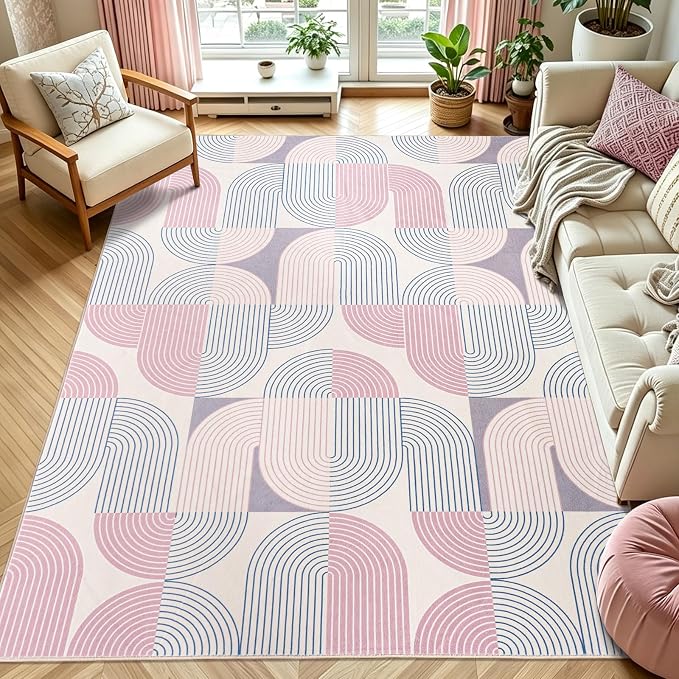 Living Room Rugs 4x6, Washable Modern Geometric Mid Century Rug for Bedroom, Soft Non-Slip Indoor Floor Boho Abstract Carpet for Dining Room Nursery Home, Pink/Purple