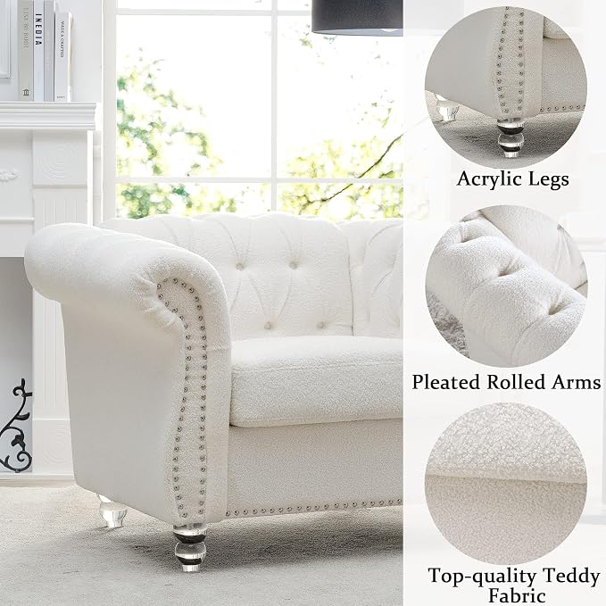 Yoglad Upholstered Accent Chair, Retro Style Armchair with Rolled Arms, Comfy Single Sofa with Wood Legs and Nailhead for Living Room, Bedroom, Apartment (White, 39", Teddy Fabric)