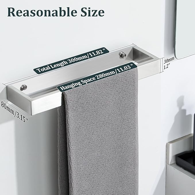 Sayayo Brushed Nickel Towel Bar for Bathroom, 12 Inch Hand Towel Holder Wall Mount, Screw or Self Adhesive Towel Ring Square SUS304 Stainless Steel, 3.2 Inch Wide