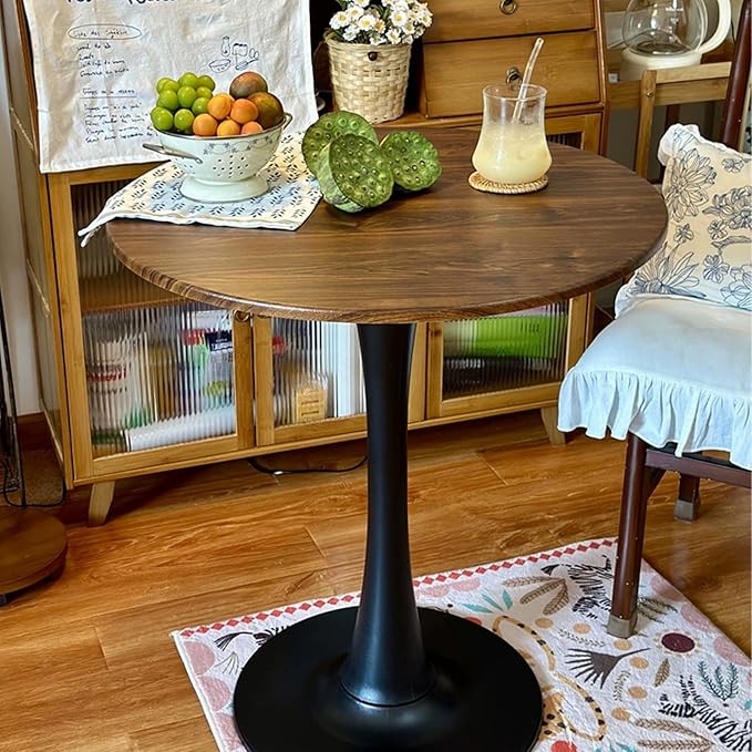 31.2" Round Tulip Dining Table for 2-4 People with Walnut Top and Black Metal Pedestal Base, Mid-Century Modern Small Space Table for Kitchen, Living Room, Cafe