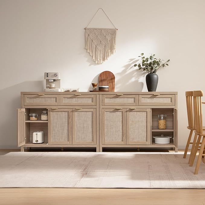 SICOTAS Rattan Sideboard Buffet Cabinet with Storage, Boho Credenza Accent Cabinet with 3 Doors and 2 Drawers, Farmhouse Console Coffee Bar for Kitchen, Living Room, and Entryway, Light Oak